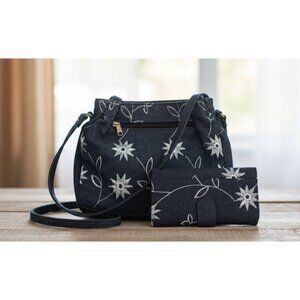 Floral Embroidered Denim Handbag‎ With Zipper Closure & Matching Wallet Set